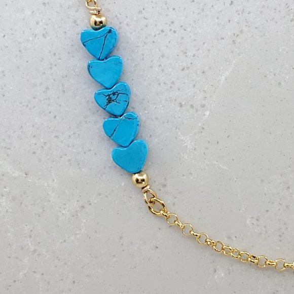 5 Turquoise Hearts Choker 14k Gold Plated on 925 - Picture 2 of 8